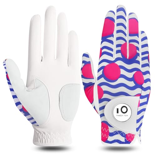 FINGER TEN Golfhandschuhe Damen Leder Links Rechts Hand Golfhandschuh Golf Handschuhe mit Ball Marker Wert 1 Stück Handschuh, Rain Grip Griff Linke Rechte Golfer (Blaue Linien, S, Rechts) von FINGER TEN