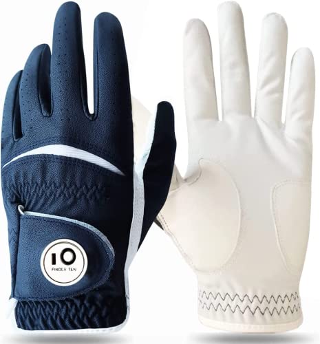 FINGER TEN Golfhandschuhe Herren Golf Handschuhe Links Rechts Leder Handschuh Wert 1 2 Stück Not Paar Golfhandschuh Linke Rechte mit Ball Marker Allwetter Griff (1 Stück Marine, S, Links) von FINGER TEN