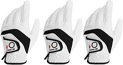 FINGER TEN Golfhandschuhe Herren Leder Links Rechts Golfhandschuh Wert 3 Stück, Golf Handschuhe Linke Rechte Hand Nicht Paaren Männer Golfer Rain Griff rutschfest, zum Größe S M ML L XL (L, Links) von FINGER TEN