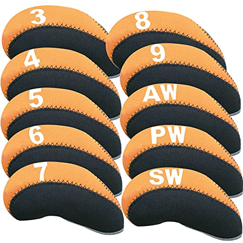 Golfschlägerüberzug Set für Eisen Neopren Eisenkopfüberzug Schlägerprotektor 10 Stück für Männer und Frauen mit oder Ohne Oberem Fenster (Orange) von FINGER TEN