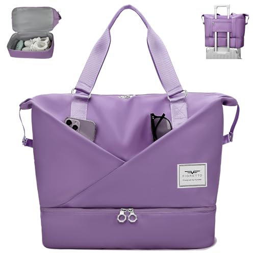 FIORETTO Damen Reisetasche mit Laptopfach, Sporttasche Handgepäck Weekender Bag Schwimmtasche mit separatem Schuhfach und Nassfach Travel Bag Duffle Bag Fitnesstasche Trainingstasche für Damen Lila von FIORETTO