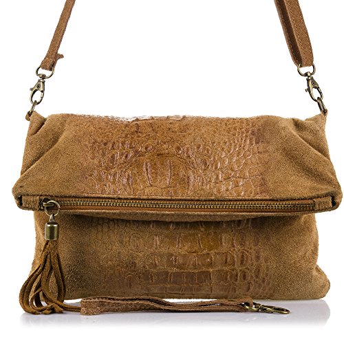 Firenze Artegiani Cartera De Mujer Piel Auténtica, Motivo Cocodrilo Y Lacado Umhängetasche, 27 cm, Braun (Cuero) von FIRENZE ARTEGIANI