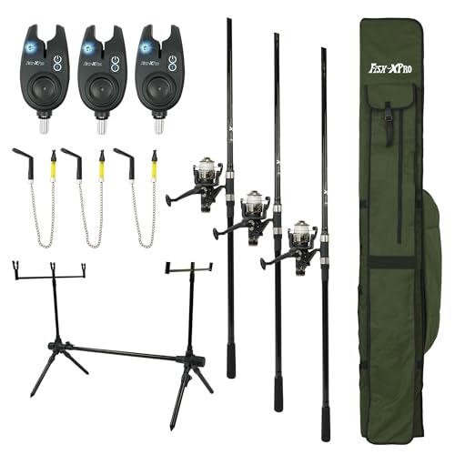 Komplettes 23-teiliges Karpfenset von FISH-XPRO - 3 Karpfenruten - 3 Freilaufrollen inkl. Angelschnur - 3 Elektronische Bissanzeiger - 3 Swinger - 1 Rod Pod - 3 Heckstützen - 1 Reisetasche von FISH-XPRO