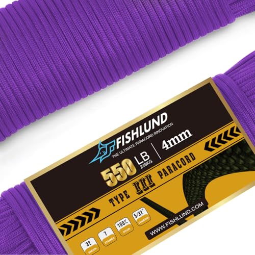 FISHLUND 4 mm Paracord 550 Nylon 7 Stränge Fallschirmschnur Typ III für Survival, Camping, Outdoor - Lila - 30m FISHLUND 4 mm Paracord 550 Nylon 7 Stränge Fallschirmschnur Typ III für Survival, Camping, Outdoor - Lila - 30m von FISHLUND