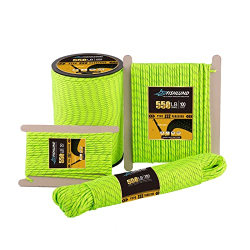 FISHLUND 4 mm Paracord 550 Nylon 7 Stränge Fallschirmschnur Typ III für Survival, Camping, Outdoor - Reflektierende Grün - 30m von FISHLUND