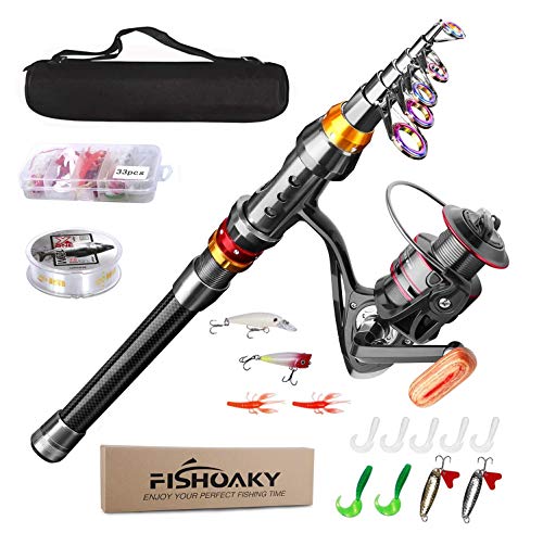 Angelrute Set Komplett, FISHOAKY Carbon Fiber Angelruten Teleskoprute und Spule Combo Kit mit Angelschnur Angelköder Set und Tragetasche für Kinder Erwachsene Salzwasser Süßwasse Fishing, 2,4M von FISHOAKY