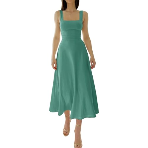 FITLIN Kleid Frauen Sommergurt Kurzarm Kurzarm Feste Farbe Maxikleid Hohe Taille Schlanker Eleganter Langes Kleid Casual Kleid-Gras-grün-xs von FITLIN
