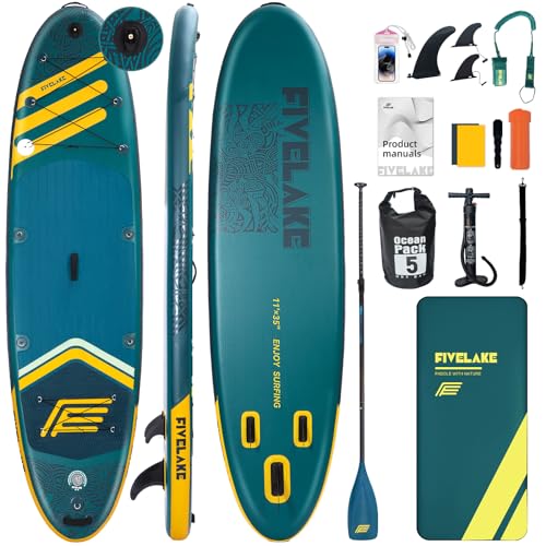 FIVELAKE Aufblasbares Stand-Up-Paddle-Board, Angel-SUP-Kapazität 195 kg, für Erwachsene, 120 l Rucksack, Tragegurt, Doppelpumpe, wasserdichte Tasche, Kajak-Paddel, Reparaturset, Dunkelgrün von FIVELAKE