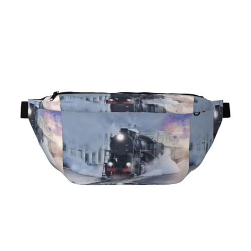 Steam Train Depart Sunset Hüfttasche, verstellbare Crossbody-Tasche für Damen und Herren, Laufen, Wandern, Klettern, Fitnessstudio, Heimtrainer usw., Schwarz , Einheitsgröße von FInpan