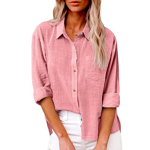 Damen-Freizeithemd – Damen-Baumwoll-Leinen-Hemd, Lockeres Rosa Langarm-Einreiher-Hemd, Dünnes Retro-Revers, Taschenschlitz, Frühling, Herbst, Lässige Outdoor-Party, Elegante Streetwear, Rosa, M Damen-Freizeithemd – Damen-Baumwoll-Leinen-Hemd, Lockeres Rosa Langarm-Einreiher-Hemd, Dünnes Retro-Revers, Taschenschlitz, Frühling, Herbst, Lässige Outdoor-Party, Elegante Streetwear, Rosa, M von FJIAOXINPONG