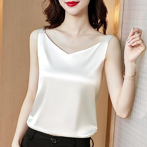 Damen-Satin-Tanktop – Modisches Seiden-Unterhemd, Sommer, Sexy V-Ausschnitt, Ärmelloses Tank-Top Für Frauen, Weißes, Lockeres Top, Elegantes Büro-Damen-Party-Oberbekleidung, Übergröße, Läs von FJIAOXINPONG