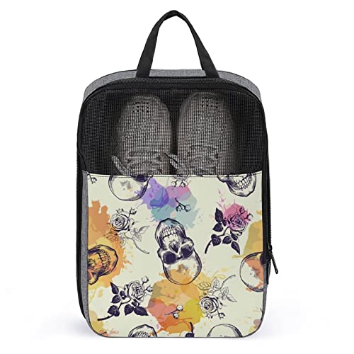 Reise-Schuhtragetasche mit Totenkopf- und Rosenmotiv in Aquarelloptik, mit Reißverschluss, binauraler Tragegurt, Handschuhtasche von FJQWKLF