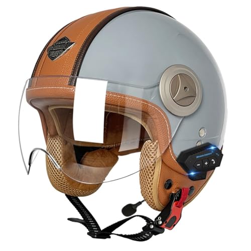 Bluetooth-Motorradhelm Mit Offenem Gesicht Jethelm Moped-Halbhelm Mit Abnehmbarem Visier Und Integriertem Visier DOT/ECE-Zulassung Für Erwachsene Männer Frauen Cruiser Chopper E,S/(55~56cm) von FKPYVKUJ