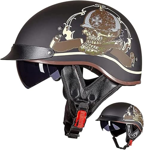 Motorrad-Halbhelm Für Männer Und Frauen Mit Herunterklappbarer Sonnenblende, DOT-Geprüfte Unisex-Schädelkappe Für Erwachsene, Für Fahrräder, Roller, Mopeds E,L/(59~60cm) von FKPYVKUJ