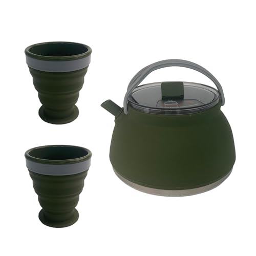 FLCPJGV 1,5 l Camping-Wasserkocher mit 2 Tassen Set, Kochtopf, faltbar, Edelstahl, Nylon, Reise-Wasserkocher, Kaffeekanne zum Wandern, dunkelgrün von FLCPJGV