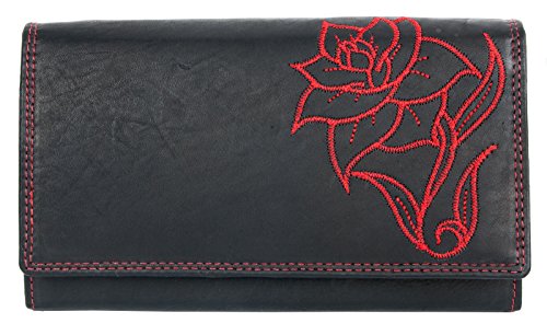 Damen Große schwarz-rote Geldbörse aus echtem Leder mit bestickte rote Rose Damen Große schwarz-rote Geldbörse aus echtem Leder mit bestickte rote Rose von FLW