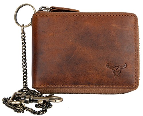 FLW Herren Taschenformat Reißverschluss Naturleder Geldbörse mit Metallkette mit einem Stier von FLW