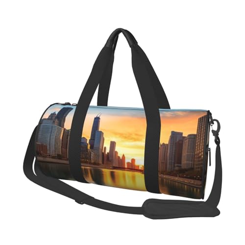 Chicago Downtown Sunset Bedruckte Reisetasche aus Segeltuch – Turnbeutel mit großer Kapazität für Wochenende, Geschäftsreisen, Schwarz , Einheitsgröße von FLYIFE