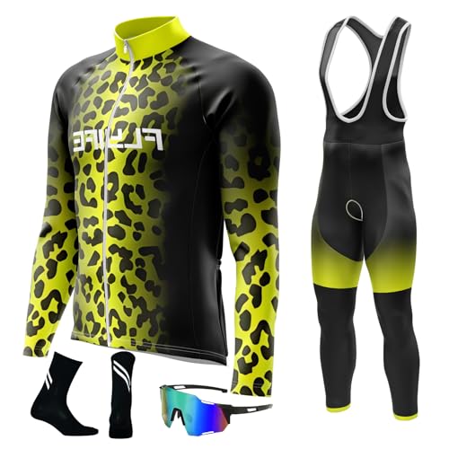 FLYIFE Herren Langarm Radtrikot Set Radtrikot Set Herren mit 8D Sitzpolster Langarm Trägerhose Radhose Atmungsaktiv Elastische Schnell Trocknend Fahrrad Trikot für Radfahren MTB Jogging (5XL,TYP-8) von FLYIFE