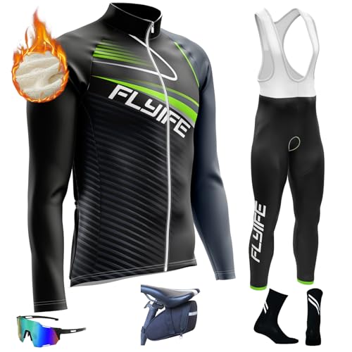 Fahrradtrikot Set Langarm Trikot, Fahrradbekleidung Set Herren Radtrikot Set Fahrrad Trikot Langarm + Hose mit Sitzpolster Reflektierend (TYP-9,M) von FLYIFE