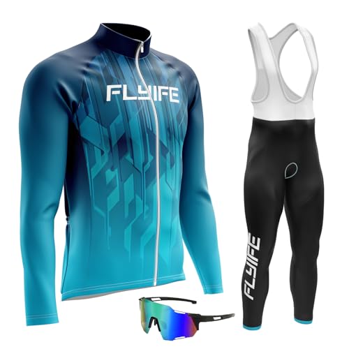 Herren Fahrrad Anzüge Langarm Fahrrad Trikot Set Atmungsaktive Radtrikot Fahrradbekleidung Set,Fahrradtrikot Herren Herbst reflektierend + Radhose/Trägerhose mit Sitzpolster für Radsport (TYP-8,3XL) von FLYIFE