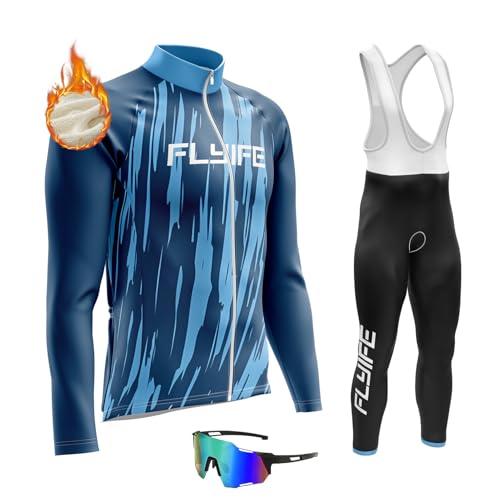 Herren Langarm Radtrikot Set Winter Radsportanzüge,reflektierend, für BMX, MTB, mit 8D Gel Gepolsterten Trägerhosen (TYP-6,2XL) von FLYIFE