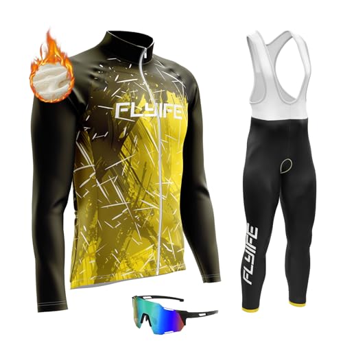 Herren Langarm Radtrikot Set Winter Radsportanzüge,reflektierend, für BMX, MTB, mit 8D Gel Gepolsterten Trägerhosen (TYP-9,M) von FLYIFE