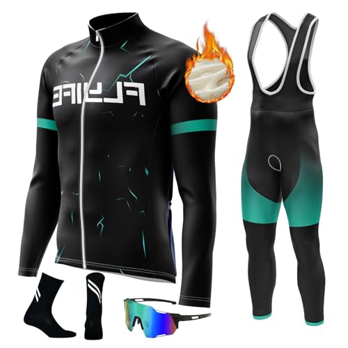 Herren LangarmAnzüge Radtrikot Set, Winter Warm halten with Fleece Langärmliges Fahrradtrikot Hosemit 8D Gel Sitzpolster Sport & Freizeit MTB Radtrikot für Herbst/Winter (TYP-2,4XL) von FLYIFE