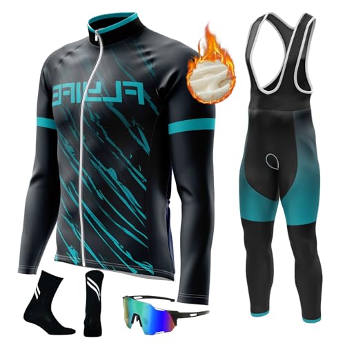 Herren LangarmAnzüge Radtrikot Set, Winter Warm halten with Fleece Langärmliges Fahrradtrikot Hosemit 8D Gel Sitzpolster Sport & Freizeit MTB Radtrikot für Herbst/Winter (TYP-5,2XL) von FLYIFE