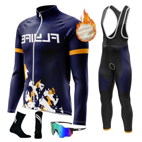 Herren LangarmAnzüge Radtrikot Set, Winter Warm halten with Fleece Langärmliges Fahrradtrikot Hosemit 8D Gel Sitzpolster Sport & Freizeit MTB Radtrikot für Herbst/Winter (TYP-6,M) von FLYIFE