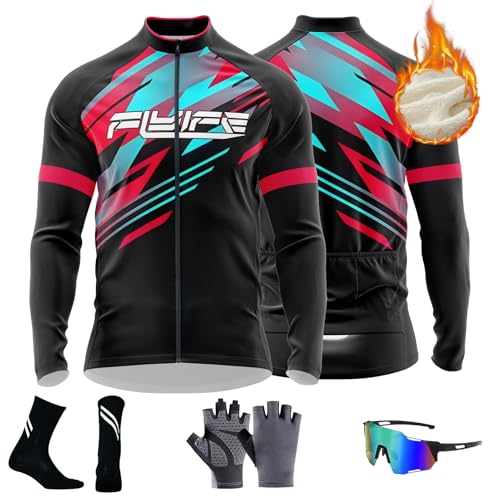 Herren Radtrikot,Fahrrad Jacke Winter Thermo Fahrradbekleidung,Fahrradtrikot Langarm Fahrrad Shirt Fahrradbekleidung Radshirt für Männer, Rennrad Trikot Herren Reißverschluss mit Taschen (TYP-8,XXS) von FLYIFE