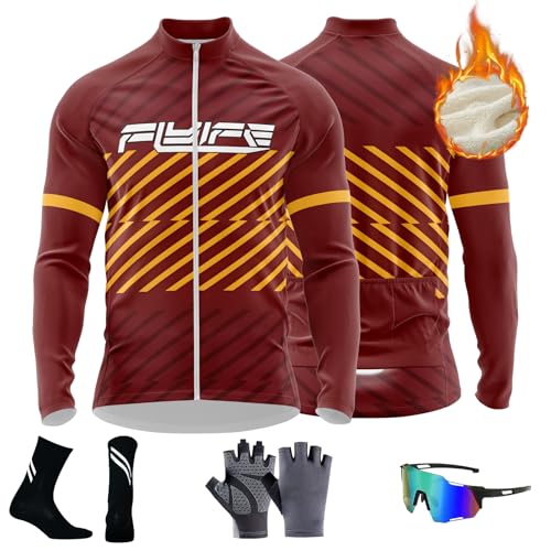 Herren Radtrikot,Fahrrad Jacke Winter Thermo Fahrradbekleidung,Fahrradtrikot Langarm Fahrrad Shirt Fahrradbekleidung Radshirt für Männer, Rennrad Trikot Herren Reißverschluss mit Taschen (TYP-13,3XL) von FLYIFE