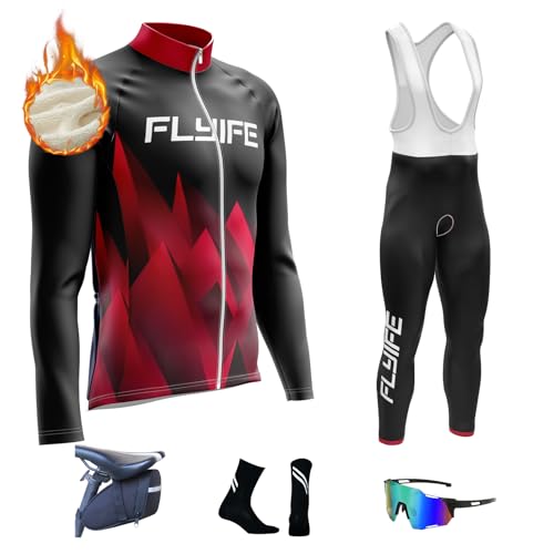 Herren Winter Langarm Radsportanzüge Radtrikot Set, Fahrradbekleidung Fahrrad Trikot T Shirt für Männer mit Thermofleecefutter Fahrradhose mit Sitzpolster (TYP-9,XS) von FLYIFE