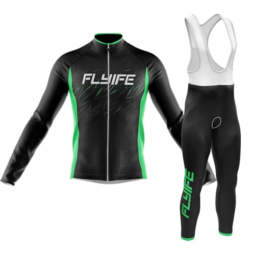 Radtrikot Herren Langarm Set,Fahrradtrikot Herren Herbst Atmungsaktive Cycling Jersey Schnell mit Gel Gepolsterten Trägerhosen (TYP-9,4XL) von FLYIFE