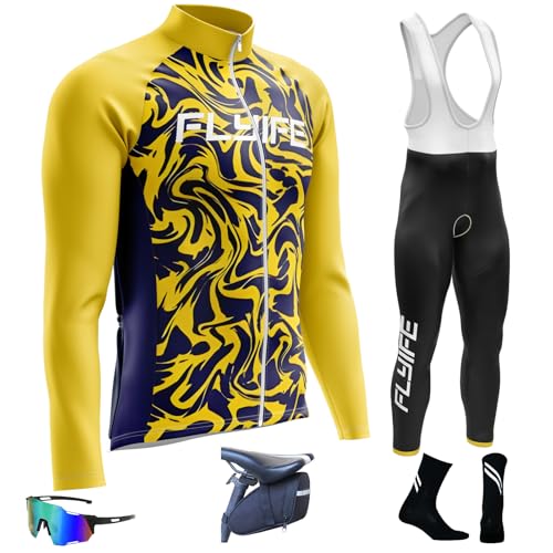 Radtrikot Herren LangarmAnzüge Radtrikot Set , Fahrradbekleidung Set Herren Radtrikot Set Fahrrad Trikot Langarm mit 9D Gel Sitzpolster Sport & Freizeit MTB Radtrikot für Herbst/Winter (TYP-7,3XL) von FLYIFE