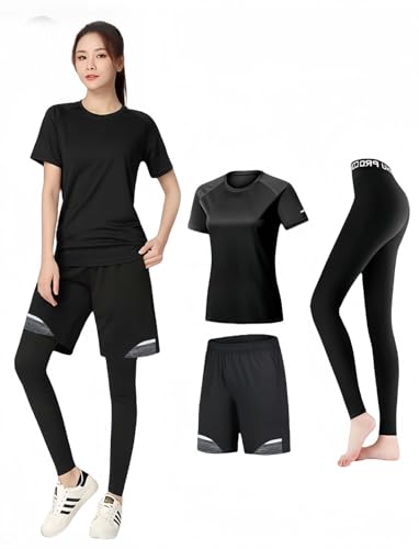 Langarmshirt Für Damen Mit Leggings, Dreiteiliges Damen Fitness Outfit Set, Top Und High Waist Yogahose Stretch Jogginganzug Sportbekleidung C,3XL185-190CM von FMRJXBJ