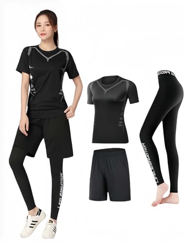 Langarmshirt Für Damen Mit Leggings, Dreiteiliges Damen Fitness Outfit Set, Top Und High Waist Yogahose Stretch Jogginganzug Sportbekleidung F,4XL190-200CM von FMRJXBJ