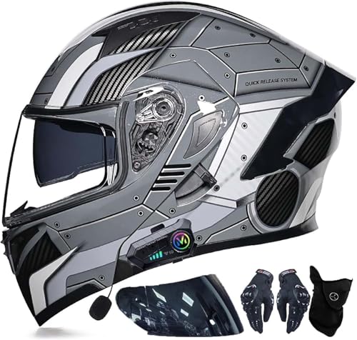 Modularer Flip Up Front Bluetooth Motorradhelm ECE-Geprüft Doppel-Sonnenblende Anti-Fog-Integrierte Helme Straßenmoped-Roller-Sturzhelm Männer Frauen L,L59-60CM von FMRJXBJ