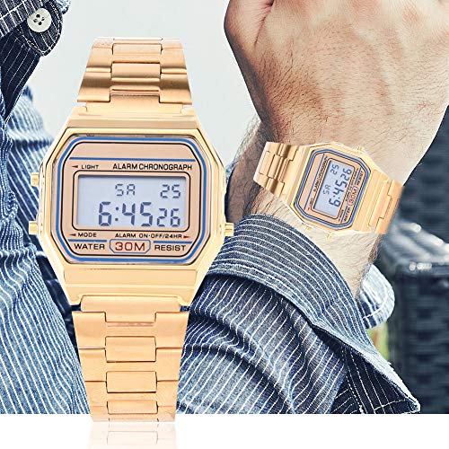 Elektronische Digitaluhr, Multifunktionale Goldfarbene LED-Hintergrundbeleuchtung, Elektronische Armbanduhr aus Edelstahl, mit IC-Chipsatz, Elektronische Uhr, für Geschäft und Geschenk(Gold) von FOLOSAFENAR