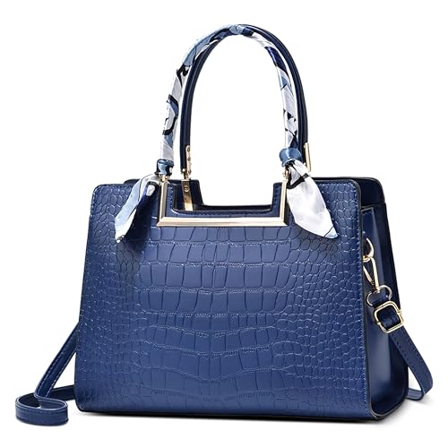 FOLOVEYA Damen Handtasche Mode Krokodilmuster Frauen Henkeltaschen Umhängetasche Elegant Band Tote Taschen Shopper Schultertasche PU Leder für Arbeiten Reisen Schule Dating Blau Marineblau von FOLOVEYA