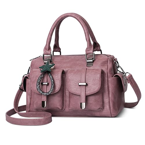 FOLOVEYA Retro Damen Handtasche Frauen Umhängetasche mit Elegant Anhänger Henkeltaschen Top-Griff Taschen PU Leder Shopper Schultertasche für Arbeiten Reisen Dating Boston Tasche Rot A von FOLOVEYA