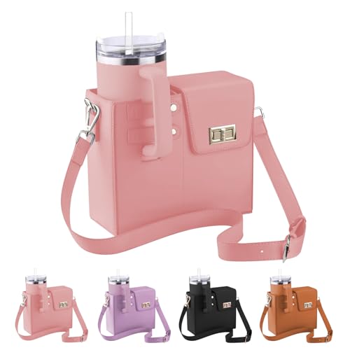 FONDUO Groß Umhänge-Wasserflaschentasche Tragetasche Für 40 Unzen Cup, Trinkflasche Taschenorganizer Mit Viele Taschen und Verstellbar Schultergurt, Flaschentasche für Camping Reisen (Rosa) von FONDUO