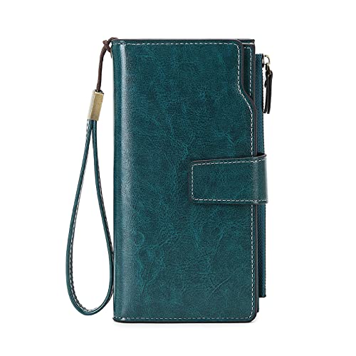 FORRICA Geldbörse Damen Gross Viele Fächer Clutch Portemonnaie RFID Schutz Vintage PU Leder Brieftasche mit Armband Blau von FORRICA