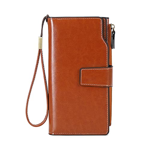 FORRICA Geldbörse Damen Gross Viele Fächer Clutch Portemonnaie RFID Schutz Vintage PU Leder Brieftasche mit Armband Braun von FORRICA