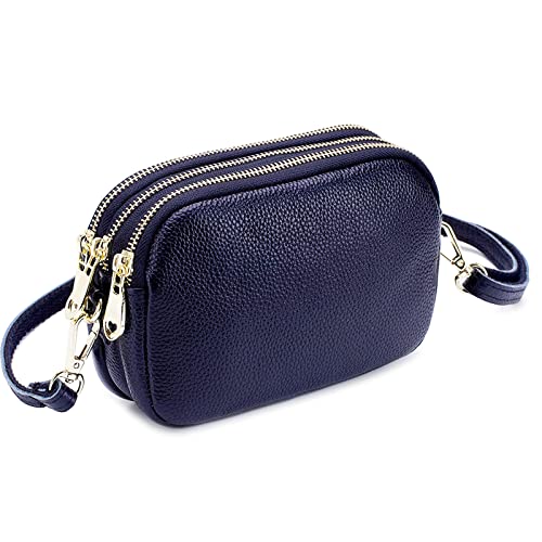 FORRICA Geldbörse Damen Handy Umhängetasche Echte Leder Frauen Handytasche Kleine Schultertasche Rindsleder Clutch Portemonnaie mit 3 Fächern Blau von FORRICA