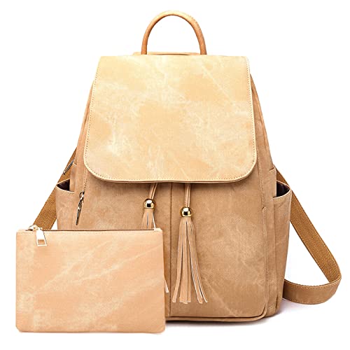 FORRICA Rucksack Damen Elegant Quasten Schultasche Mädchen Casual Schulrucksack Wasserdicht PU Leder Schultertasche mit Clutch Tasche Braun von FORRICA