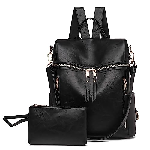 FORRICA Rucksack Damen Schultertaschen Groß Mode Frauen Tagesrucksack mit Geldbörse Umhängetasche Reiserucksack 2 in 1 PU Leder Schwarz von FORRICA