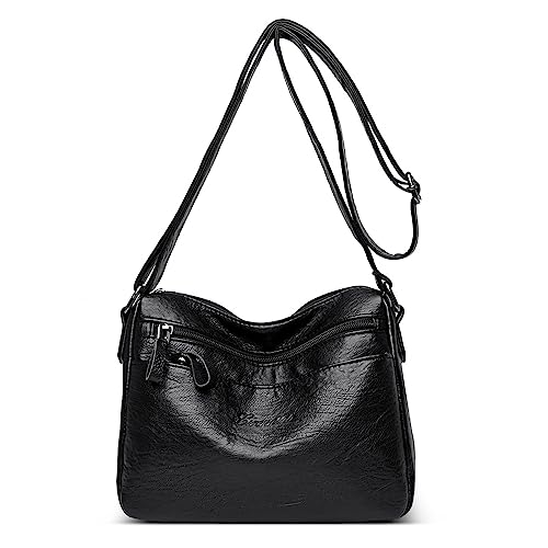 FORRICA Umhängetasche Damen Mittelgroße Elegante Schultertasche Mehrere Taschen Frauen Crossbody Bag PU Leder für Shopper Reisen Arbeit Schwarz von FORRICA