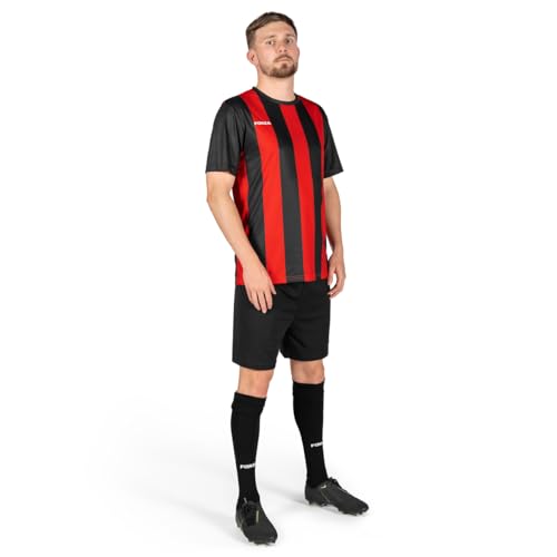 FORZA Fußball-Sets mit gestreiften Kurzarmärmeln für Herren – Fußballtrikot-Sets für Erwachsene | Komplettes Set aus Fußballtrikots, Shorts und Socken [XS-XXL] (Schwarz/Rot, XL) von FORZA