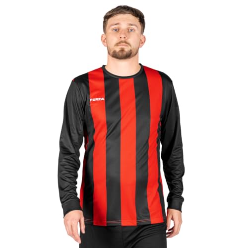 FORZA gestreiftes Langarmtrikot für Herren [XS-XXL] – Premium Langarm-Fußballtrikot | 5 Streifenfarboptionen (Schwarz + Rot, M) von FORZA